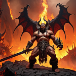 ** Diablo 2 Barbarian wearing the full Immortal King set, battling demons in a fiery landscape. Highlight the increased physical resistance and attack speed.

**