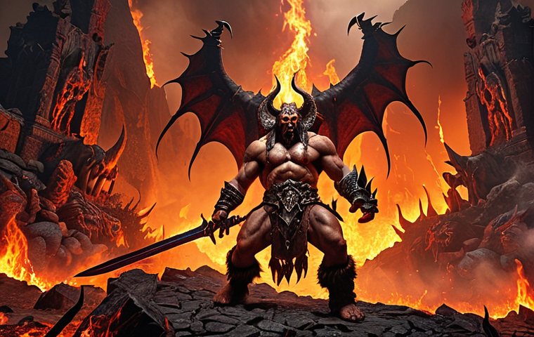 ** Diablo 2 Barbarian wearing the full Immortal King set, battling demons in a fiery landscape. Highlight the increased physical resistance and attack speed.

**